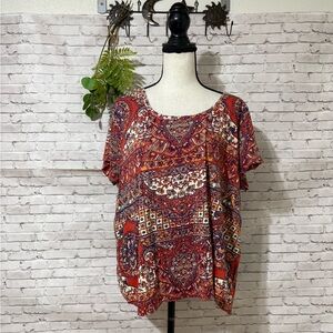 Lucky Brand Bohemian Rust Orange Paisley Cotton Tee